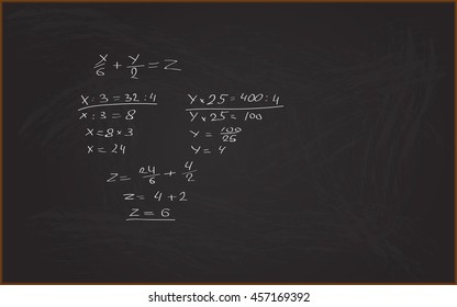 Black blackboard with chalk stains, a mathematical equation is written with chalk