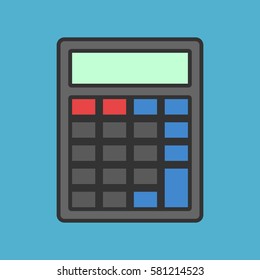 Black blank abstract calculator with color buttons without numbers on blue background. Calculation, accounting and education concept. Flat design. Vector illustration. EPS 8, no transparency
