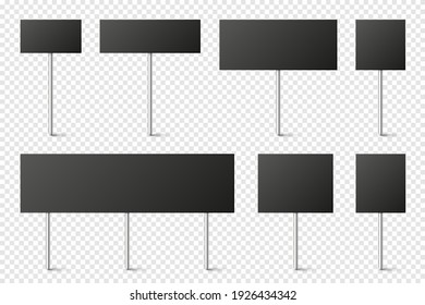 Black blank board with place for text, protest signs set isolated on transparent background. Realistic demonstration or advertising banner. Strike action cardboard placard mockup. Vector illustration.