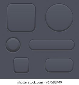 Black blank buttons. Round, oval, square shaped icons. Vector 3d illlustration