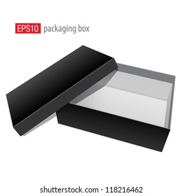 Black blank Cardboard Package Box Opened with the cover removed. For shoes, electronic device and other products. Vector illustration