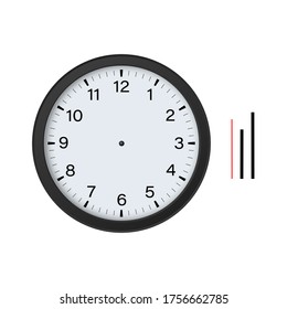 Black blank circle clock face with hour, minute and second hands isolated on white background. Vector illustration