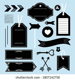 Elemento de diseño en blanco negro y vacío establecido en fondo azul con etiquetas, etiquetas, corazón e iconos de emblemas clave