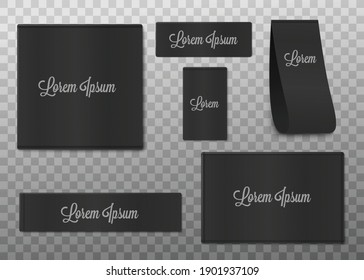 Black blank fabric clothing labels templates set, 3d realistic vector illustration isolated on transparent background. Textile clothing square tags and ribbons with copy space.