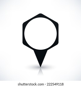 Black blank hexagon map pins sign location icon with circle empty copy space and gray reflection, shadow on white background in flat style. Vector illustration web design element in 8 eps
