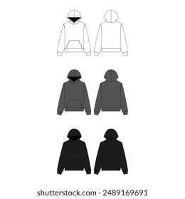 Black Blank Hoodie Mockup Template Streetwear Hoodie Vector Flat Technical Illustration Blank Hoodie Fashion Design Template Vector CAD Blank Hoodie Mock-up