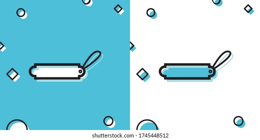 Icono de etiqueta de precio de plantilla de etiqueta en blanco negro aislado en fondo azul y blanco. Etiqueta de descuentos comerciales vacíos. Cartel de descuento de plantilla. Formas dinámicas aleatorias. Ilustración vectorial