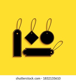 Black Blank labels template price tags set icon isolated on yellow background. Empty shopping discounts stickers. Template discount banners set. Long shadow style. Vector.