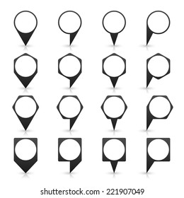 Black blank map pin sign location icon with circular copy space and gray shadow, reflection on white background  in simple flat style. Web design element save in vector illustration 8 eps