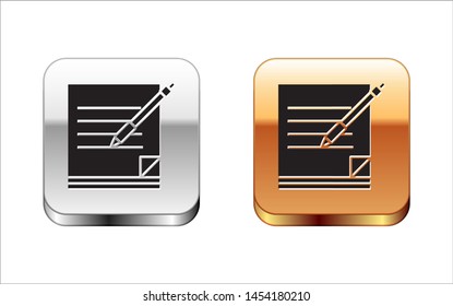 Black Blank notebook and pen icon isolated on white background. Paper and pen. Silver-gold square button. Vector Illustration