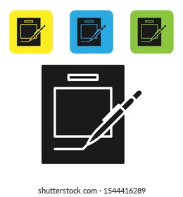 Black Blank notebook and pen icon isolated on white background. Paper and pen. Set of colorful square icon buttons. Vector Illustration