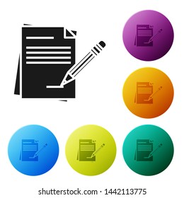 Black Blank notebook and pencil with eraser icon isolated on white background. Paper and pencil. Set icons colorful circle buttons. Vector Illustration