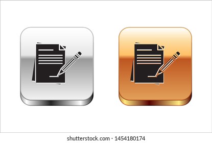 Black Blank notebook and pencil with eraser icon isolated on white background. Paper and pencil. Silver-gold square button. Vector Illustration