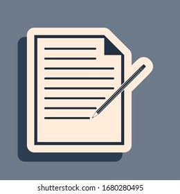 Schwarzes Leeres Notizbuch und Bleistift mit Radiersymbol einzeln auf grauem Hintergrund. Papier und Bleistift. Lange Schattenstil. Vektorillustration-Illustration