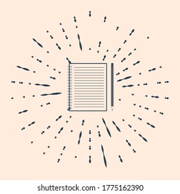 Black Blank notebook and pencil with eraser icon isolated on beige background. Abstract circle random dots. Vector Illustration