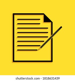 Black Blank notebook and pencil with eraser icon isolated on yellow background. Paper and pencil. Long shadow style. Vector.