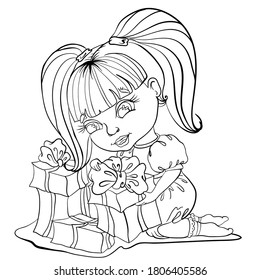 Black blank outline drawing for coloring in cartoon comic style, little girl sitting on the floor, holding a gift, gift boxes with a bow