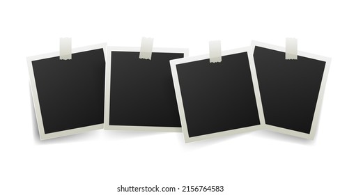 black blank photo set mockup glued with color adhesive tape . Realistic empty template for collage with sticker on white frame and shadow.