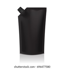 Black blank plastic doypack stand up pouch with spout. Flexible packaging mock up for food or drink for your design