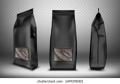 Black blank plastic or foil pack snack bag with transparent window realistic vector. Bag or pouch for tea, sweets and coffee, front and side view isolated illustrations, mock up for packaging design