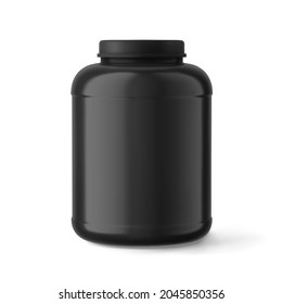 Black blank plastic jar mockup isolated on white. Round sport nutrition supplements container, dietary nutrition, medicine pills packaging 3d vector realistic illustration