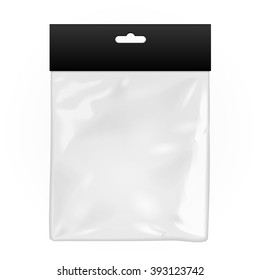 Black Blank Plastic Pocket Bag. Transparent. With Hang Slot. Illustration Isolated On White Background. Mock Up Template Ready For Your Design. Vector EPS10