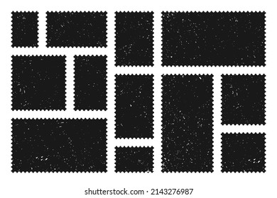Black blank postage stamps collection. Old grunge sticky paper stamp. Vector illustration.