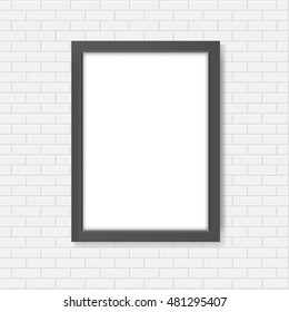 Black blank realistic frame on the white brick wall mockup