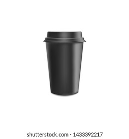 Black blank realistic paper coffee cup with lid mockup for cafe or restaurant brand identity isolated on white background - 3d vector illustration of takeaway package template.