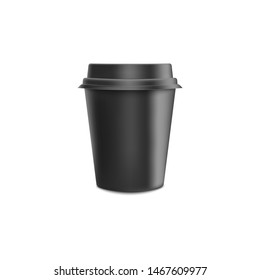 Black blank realistic paper coffee cup with lid mockup - 3d vector illustration of takeaway package template for cafe or restaurant brand identity isolated on white background.