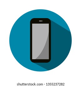 black blank screen smartphone on blue circle icon with shadow isolated on white background. vector illustration