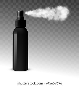 Black Blank Sprayer Bottle. Side View With Spray. EPS10 Vector