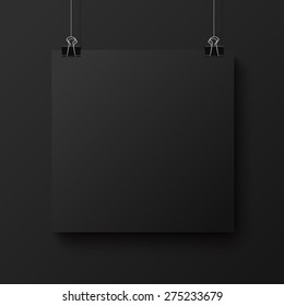 Black blank square sheet of paper on the black background, vector mock-up illustration