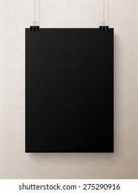 Black blank textured vertical sheet of paper on the light beige background, vector mock-up illustration