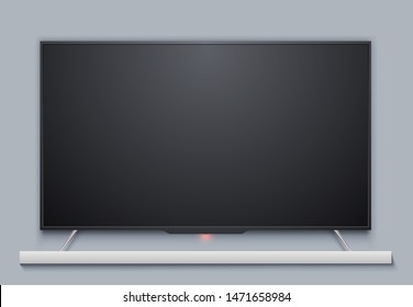 Black Blank TV Set Screen with Gray Wall Behind. LED Television Receiver Realistic Mockup. Vector Illustration.