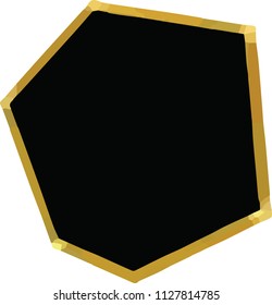 Black blank with yellow frame on white background. Cartoon hexagon icon isolated. Game interface mockup or banner template. Golden frame with empty black hole inside.