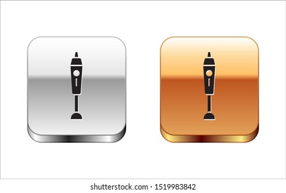 Black Blender icon isolated on white background. Kitchen electric stationary blender with bowl. Cooking smoothies, cocktail or juice. Silver-gold square button. Vector Illustration