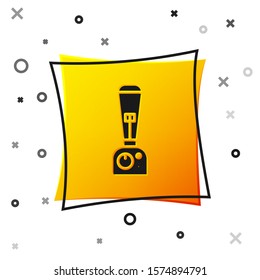 Black Blender icon isolated on white background. Kitchen electric stationary blender with bowl. Cooking smoothies, cocktail or juice. Yellow square button. Vector Illustration