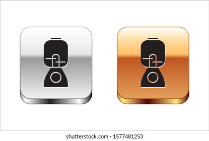 Black Blender icon isolated on white background. Kitchen electric stationary blender with bowl. Cooking smoothies, cocktail or juice. Silver-gold square button. Vector Illustration