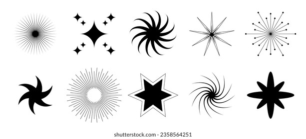 Black blinks and twinkles collection. Different retro bling stars set. Abstract starburst shine shape pack. Design elements for poster, banner, tag, card, icon, label, collage, sticker. Vector bundle