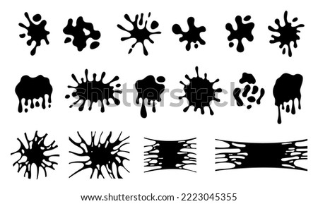 Black blobs, dribbling logo shapes. Drips and splash, amorphous abstract forms isolated. Ink trickle, melting drop and slime vector silhouettes