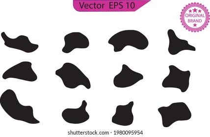 Black blobs of irregular shape. Abstract blotch, inkblot and pebble silhouettes, minimal elements bubble set. Set of abstract organic shapes.