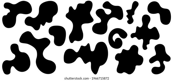 Black blobs, liquid, colored organic blot smooth form. Set of random shapes of irregular form. Drop of fluid. Blotch, inkblot texture. Pebble, inkblot stone silhouette round abstract shape.