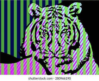 black block print  tiger illustration with vibrant color geometric lines background together. wild animal print for fashion trends vector print pattern. poster, gift, card, wallpaper, screen printing