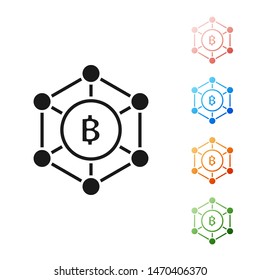 Black Blockchain technology Bitcoin icon isolated on white background. Abstract geometric block chain network technology business. Set icons colorful. Vector Illustration