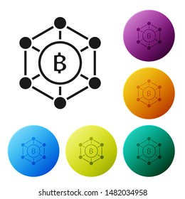Black Blockchain technology Bitcoin icon isolated on white background. Abstract geometric block chain network technology business. Set icons colorful circle buttons. Vector Illustration