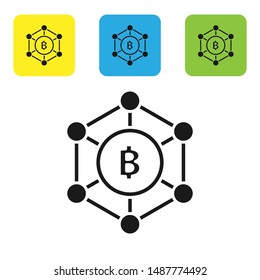 Black Blockchain technology Bitcoin icon isolated on white background. Abstract geometric block chain network technology business. Set icons colorful square buttons. Vector Illustration