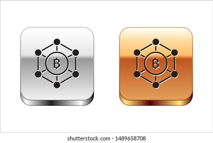Black Blockchain technology Bitcoin icon isolated on white background. Abstract geometric block chain network technology business. Silver-gold square button. Vector Illustration