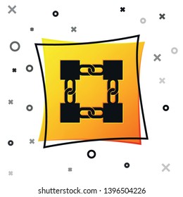 Black Blockchain technology icon isolated on white background. Cryptocurrency data sign. Abstract geometric block chain network technology business. Yellow square button. Vector Illustration