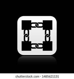 Black Blockchain technology icon isolated on black background. Cryptocurrency data. Abstract geometric block chain network technology business. Silver square button. Vector Illustration